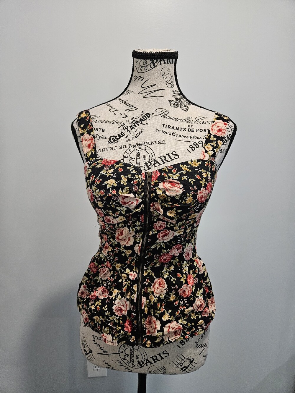 Floral Zip-Front Black Corset Top Xs-Petite Small Poetry Brand